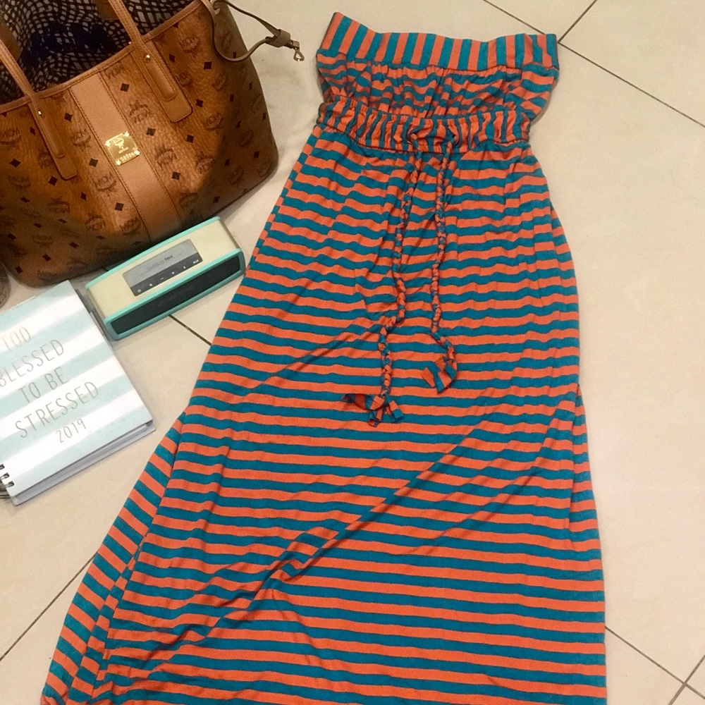 Summer Striped Tube Top Maxi Dress Braided Tassels